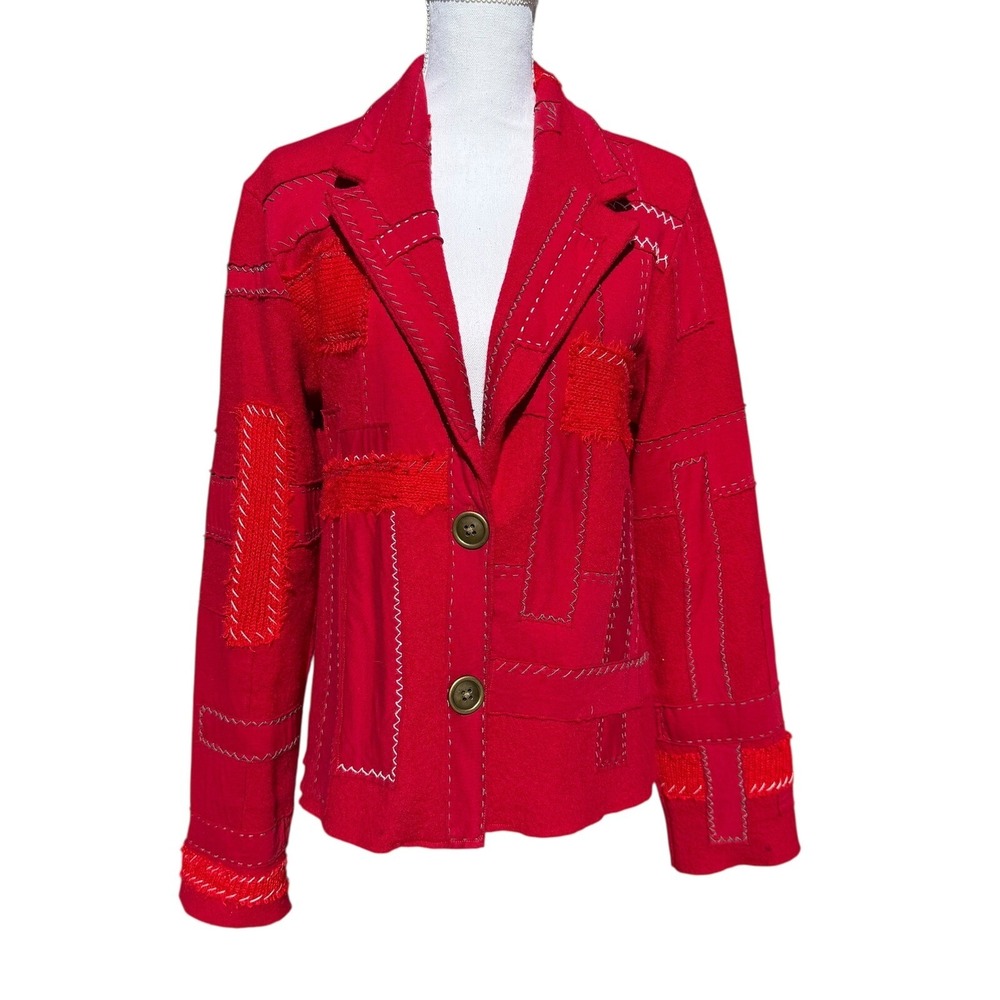 Orvis Wool Patchwork Blazer Jacket Unique Design Button Front Red Size 14